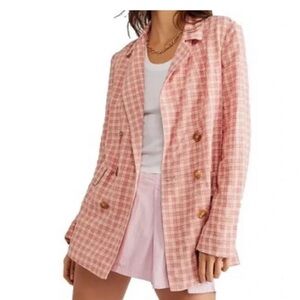 Free people Pink Plaid Double-Breasted Blazer Jacket with tie